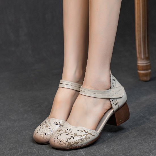 Women's Head Cowhide Chunky Heel Retro Hollow Out Printed Sandals Women's Head Cowhide Chunky Heel Retro Hollow Out Printed Sandals