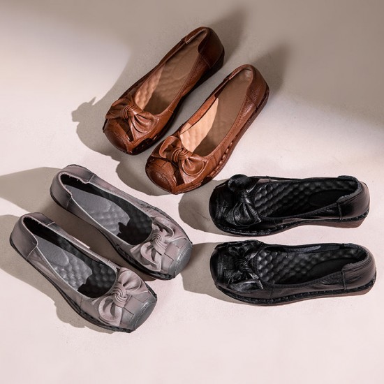 Wedges Vintage Leather Soft Sole Slip Bowknot Women's Shoes Wedges Vintage Leather Soft Sole Slip Bowknot Women's Shoes