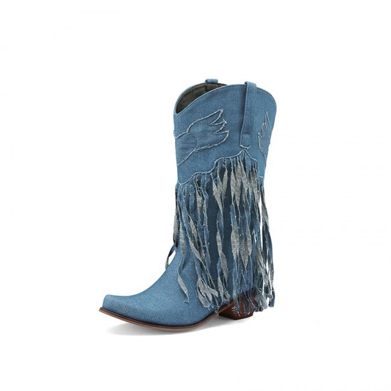 Womens Fringe Denim Western Cowboy Short Boots Womens Fringe Denim Western Cowboy Short Boots