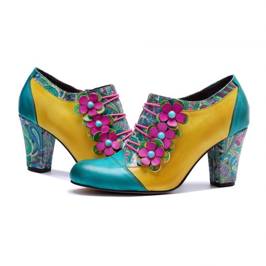 Leather Colorful Patchwork Flower Decoration Block Heel Women's Shoes Leather Colorful Patchwork Flower Decoration Block Heel Women's Shoes
