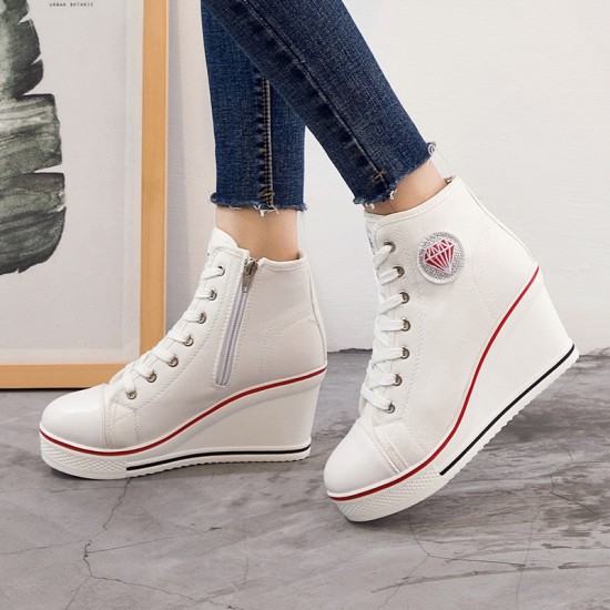 Womens Wedge Chunky Heel Casual Zipper Lace-up Canvas Shoes Womens Wedge Chunky Heel Casual Zipper Lace-up Canvas Shoes