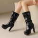 Womens Mid-Calf Round Toe Chunky High Heel Pull On Boots Plus Size Shoes Womens Mid-Calf Round Toe Chunky High Heel Pull On Boots Plus Size Shoes