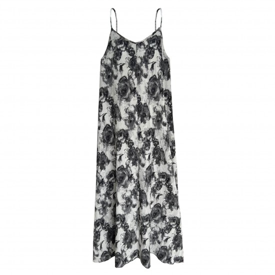 Pleated Crafted Rose Print Halter Vacation Long Dress Pleated Crafted Rose Print Halter Vacation Long Dress