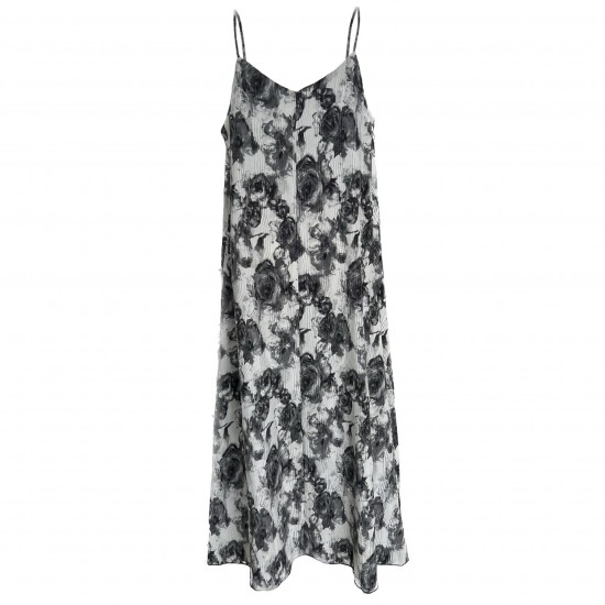 Pleated Crafted Rose Print Halter Vacation Long Dress Pleated Crafted Rose Print Halter Vacation Long Dress