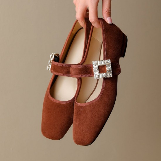 Caramel French Rhinestone Buckle Mary Jane Handmade Leather Women's Shoes Caramel French Rhinestone Buckle Mary Jane Handmade Leather Women's Shoes