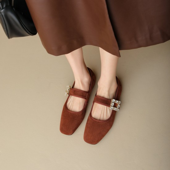 Caramel French Rhinestone Buckle Mary Jane Handmade Leather Women's Shoes Caramel French Rhinestone Buckle Mary Jane Handmade Leather Women's Shoes