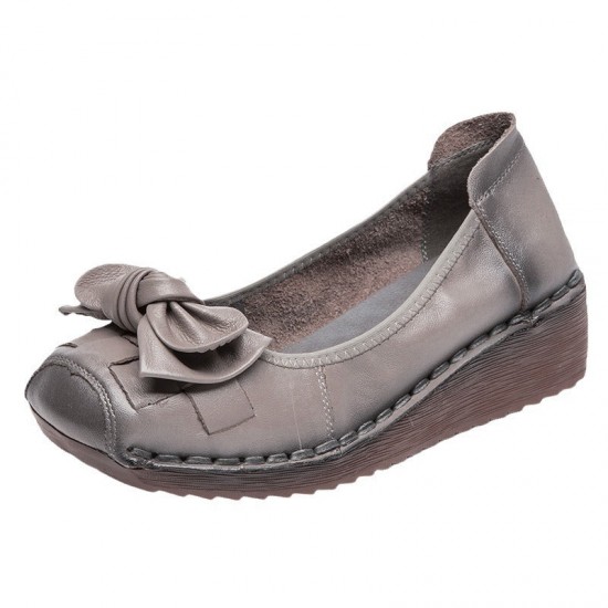 Wedges Vintage Leather Soft Sole Slip Bowknot Women's Shoes Wedges Vintage Leather Soft Sole Slip Bowknot Women's Shoes