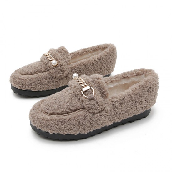 Women Faux-Fur Loafers Warm Winter Flat Pearl Decoration Shoes Women Faux-Fur Loafers Warm Winter Flat Pearl Decoration Shoes