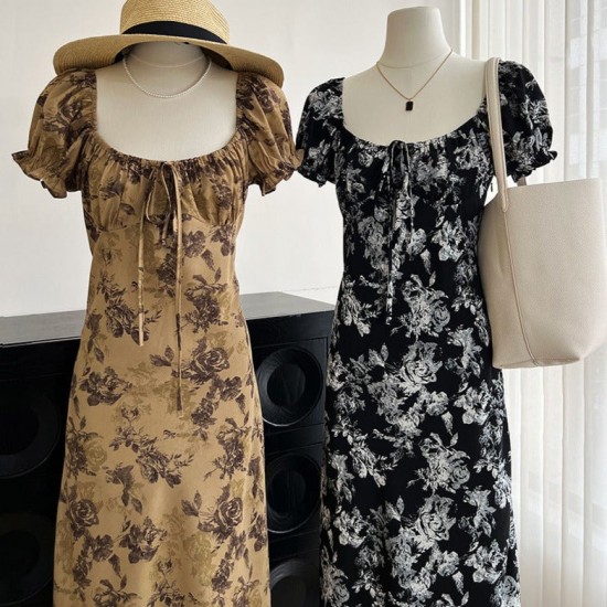 Vintage Floral Square Neck Drawstring Tie Dress Vintage Floral Square Neck Drawstring Tie Dress