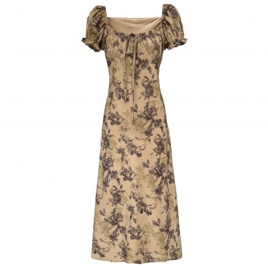 Vintage Floral Square Neck Drawstring Tie Dress Vintage Floral Square Neck Drawstring Tie Dress