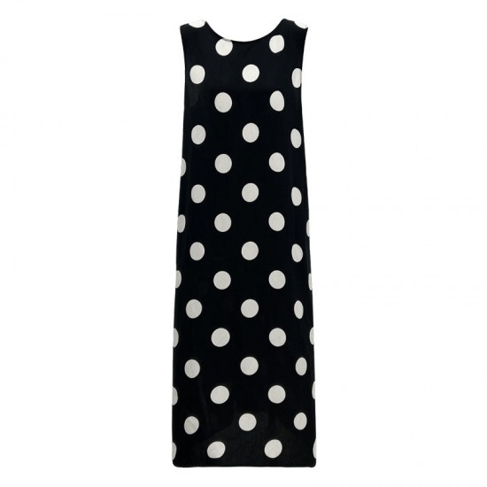 Linen Backless Drawstring Polka Dot Dress Sleeveless Long Dress Linen Backless Drawstring Polka Dot Dress Sleeveless Long Dress