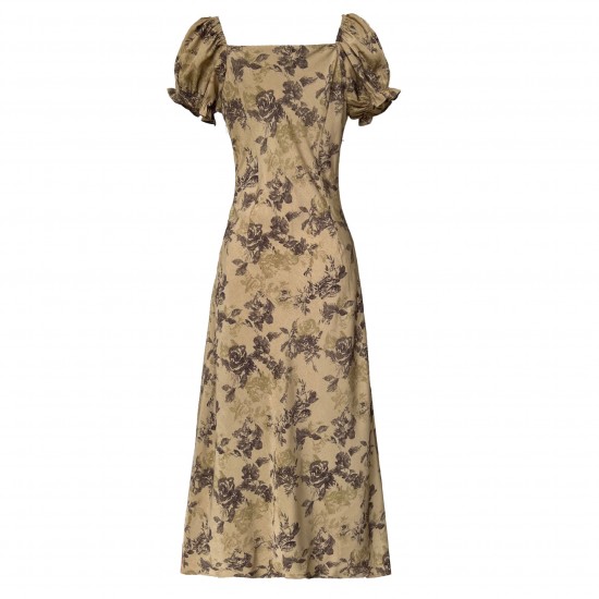 Vintage Floral Square Neck Drawstring Tie Dress Vintage Floral Square Neck Drawstring Tie Dress