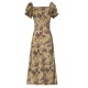 Vintage Floral Square Neck Drawstring Tie Dress Vintage Floral Square Neck Drawstring Tie Dress