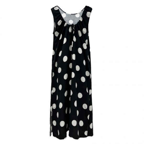 Linen Backless Drawstring Polka Dot Dress Sleeveless Long Dress Linen Backless Drawstring Polka Dot Dress Sleeveless Long Dress