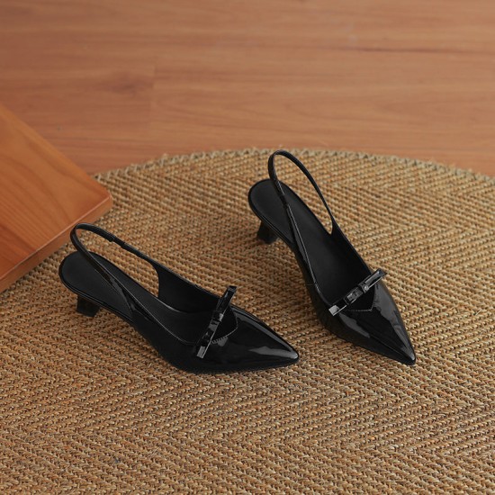 Women's Handmade Leather Pointed Toe Bow Slingback Cat Heel Sandals Women's Handmade Leather Pointed Toe Bow Slingback Cat Heel Sandals
