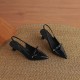 Women's Handmade Leather Pointed Toe Bow Slingback Cat Heel Sandals Women's Handmade Leather Pointed Toe Bow Slingback Cat Heel Sandals
