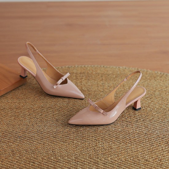 Women's Handmade Leather Pointed Toe Bow Slingback Cat Heel Sandals Women's Handmade Leather Pointed Toe Bow Slingback Cat Heel Sandals