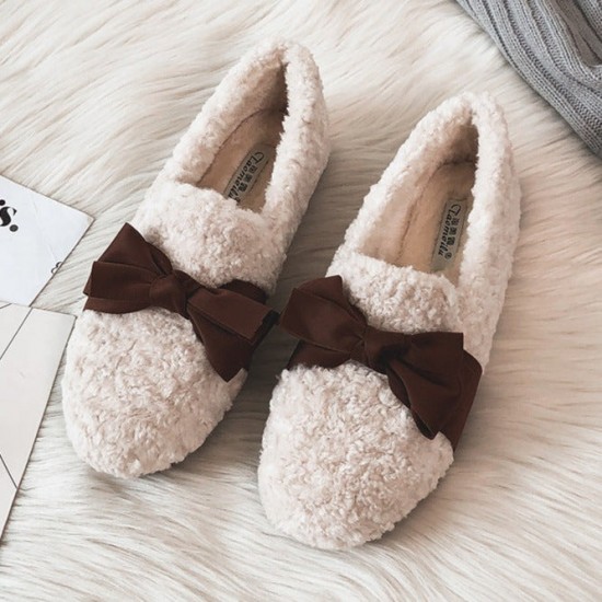 Women Faux-Fur Loafers Bow Winter Warm & Soft Plush Shoes Women Faux-Fur Loafers Bow Winter Warm & Soft Plush Shoes