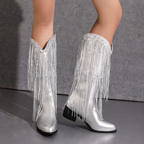Womens Fringe & Sequins Decor Point Toe Chunky Heeled Western Boots Womens Fringe & Sequins Decor Point Toe Chunky Heeled Western Boots