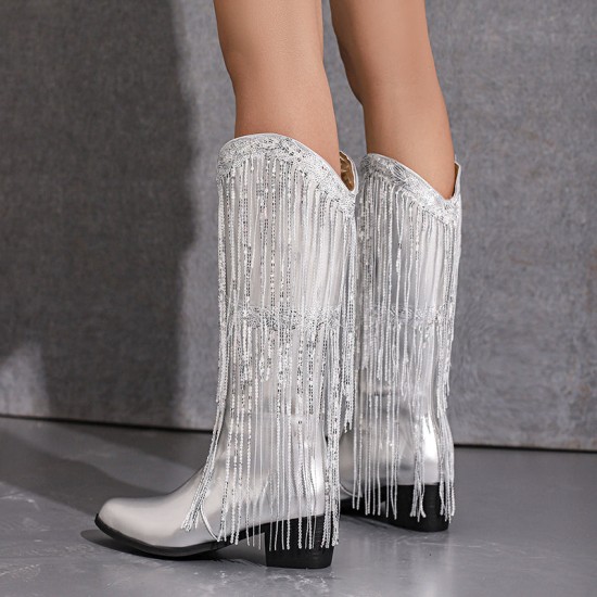 Womens Fringe & Sequins Decor Point Toe Chunky Heeled Western Boots Womens Fringe & Sequins Decor Point Toe Chunky Heeled Western Boots