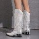 Womens Fringe & Sequins Decor Point Toe Chunky Heeled Western Boots Womens Fringe & Sequins Decor Point Toe Chunky Heeled Western Boots