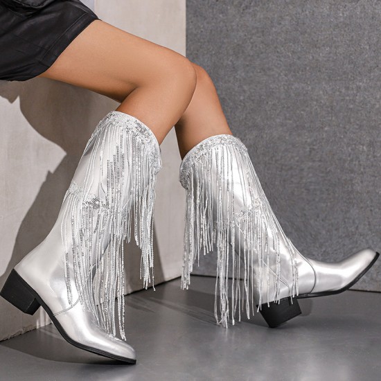 Womens Fringe & Sequins Decor Point Toe Chunky Heeled Western Boots Womens Fringe & Sequins Decor Point Toe Chunky Heeled Western Boots