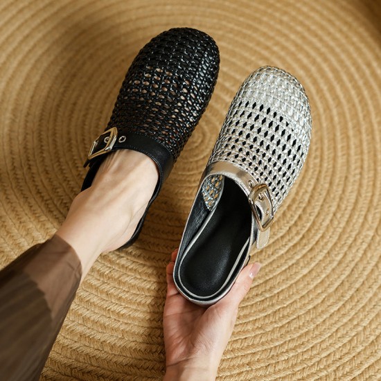 Women's Hollow Out Leather Low Heel Buckle Summer Mule Sandals Women's Hollow Out Leather Low Heel Buckle Summer Mule Sandals