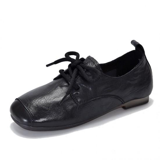 Genuine Leather Square Toe Retro Lace Up Flats Women's Shoes Genuine Leather Square Toe Retro Lace Up Flats Women's Shoes