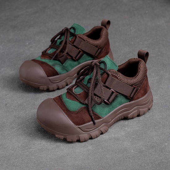 Women's Leather Colorblocking Big Head Lace Up Platform Casual Shoes Women's Leather Colorblocking Big Head Lace Up Platform Casual Shoes
