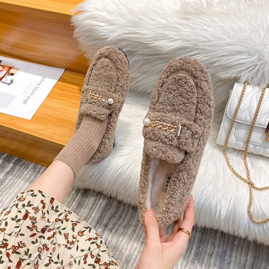 Women Faux-Fur Loafers Warm Winter Flat Pearl Decoration Shoes Women Faux-Fur Loafers Warm Winter Flat Pearl Decoration Shoes