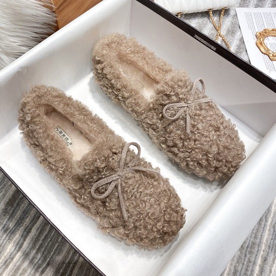 Women Frizz Faux-Fur Loafers Warm Winter Flat Bow Shoes Women Frizz Faux-Fur Loafers Warm Winter Flat Bow Shoes