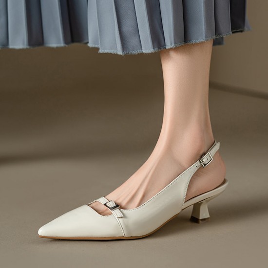 Genuine Leather Pointed Toe Kitten Heel Pumps with Buckled Straps Genuine Leather Pointed Toe Kitten Heel Pumps with Buckled Straps
