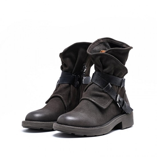 Womens Genuine Leather Classic Boots Low Heel Round Toe Buckle Ankle Boots Womens Genuine Leather Classic Boots Low Heel Round Toe Buckle Ankle Boots