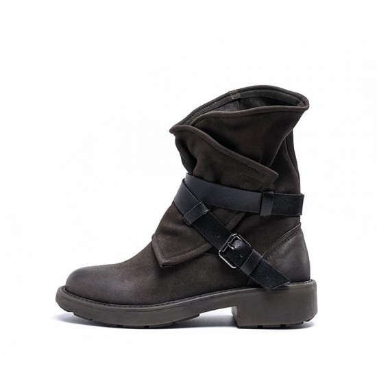 Womens Genuine Leather Classic Boots Low Heel Round Toe Buckle Ankle Boots Womens Genuine Leather Classic Boots Low Heel Round Toe Buckle Ankle Boots