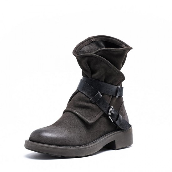 Womens Genuine Leather Classic Boots Low Heel Round Toe Buckle Ankle Boots Womens Genuine Leather Classic Boots Low Heel Round Toe Buckle Ankle Boots