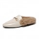 Women Leather Fur Flat Slippers Mules Women Leather Fur Flat Slippers Mules