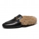 Women Leather Fur Flat Slippers Mules Women Leather Fur Flat Slippers Mules