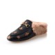 Women Horsebit Bee Star Embroidered Fur Mule Shoes Women Horsebit Bee Star Embroidered Fur Mule Shoes