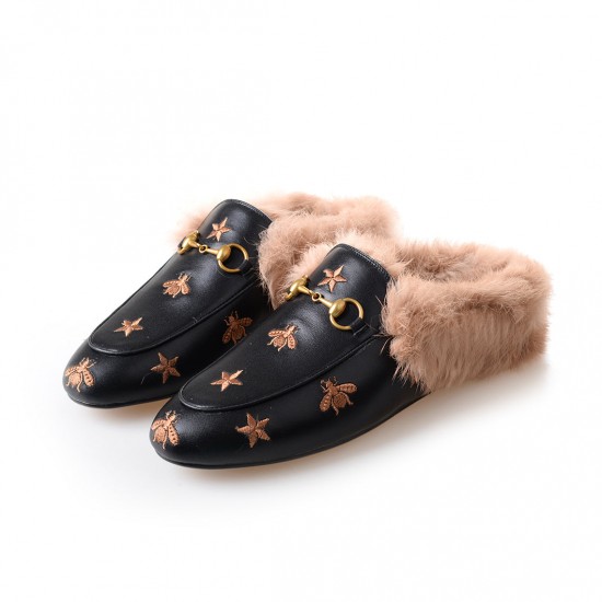 Women Horsebit Bee Star Embroidered Fur Mule Shoes Women Horsebit Bee Star Embroidered Fur Mule Shoes
