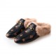 Women Horsebit Bee Star Embroidered Fur Mule Shoes Women Horsebit Bee Star Embroidered Fur Mule Shoes