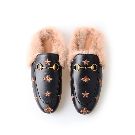 Women Horsebit Bee Star Embroidered Fur Mule Shoes Women Horsebit Bee Star Embroidered Fur Mule Shoes