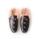 Women Horsebit Bee Star Embroidered Fur Mule Shoes Women Horsebit Bee Star Embroidered Fur Mule Shoes