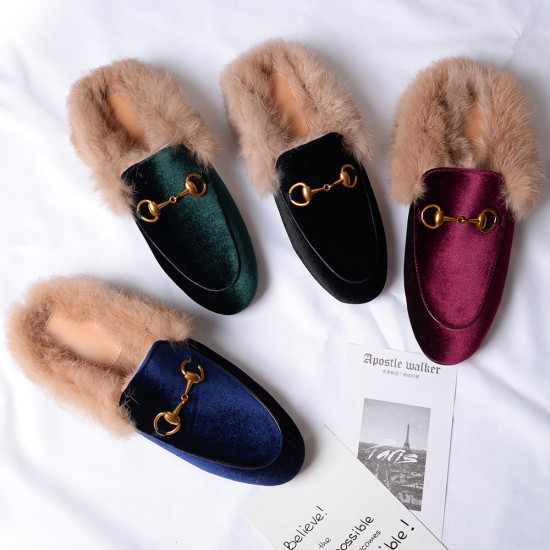 Womens Velvet Fur Slide Slip On Flat Mules Womens Velvet Fur Slide Slip On Flat Mules