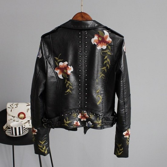 Women Floral Print Embroidery Faux Soft Leather Jacket Women Floral Print Embroidery Faux Soft Leather Jacket