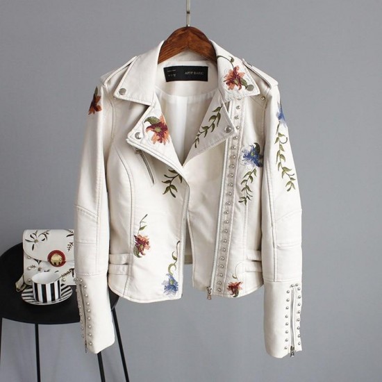 Women Floral Print Embroidery Faux Soft Leather Jacket Women Floral Print Embroidery Faux Soft Leather Jacket