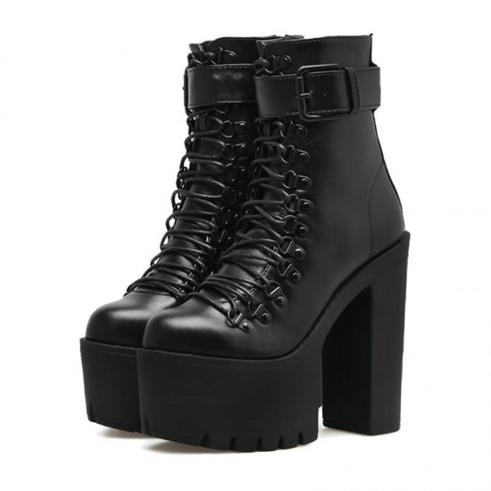 Womens Goth Lace Up Boots Platform Chunky High Heel Ankle Boots With Buckle Womens Goth Lace Up Boots Platform Chunky High Heel Ankle Boots With Buckle