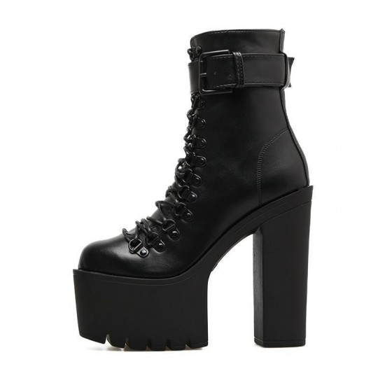 Womens Goth Lace Up Boots Platform Chunky High Heel Ankle Boots With Buckle Womens Goth Lace Up Boots Platform Chunky High Heel Ankle Boots With Buckle