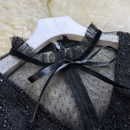 Black Mesh Collar Bow Long-sleeved Dress Black Mesh Collar Bow Long-sleeved Dress