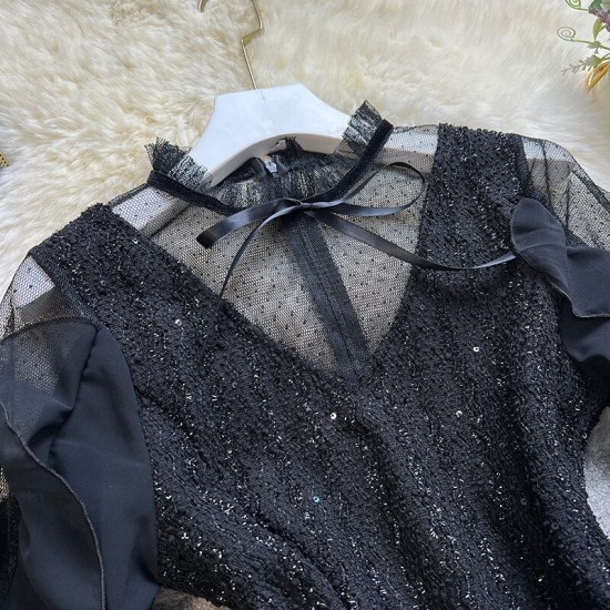 Black Mesh Collar Bow Long-sleeved Dress Black Mesh Collar Bow Long-sleeved Dress