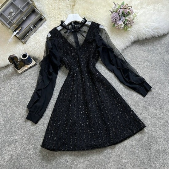 Black Mesh Collar Bow Long-sleeved Dress Black Mesh Collar Bow Long-sleeved Dress